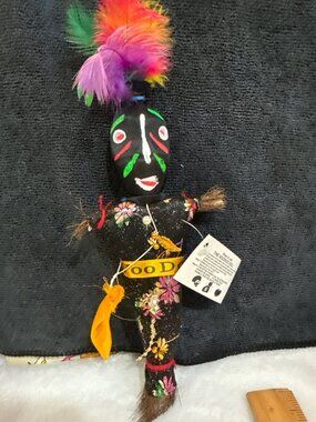 Voodoo Doll  Halloween Handcrafted Fabric Floral Design Painted Face Feathers